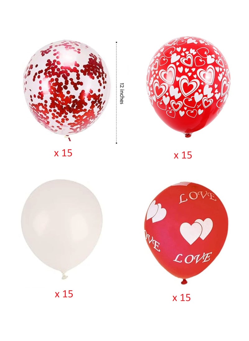 Boxwoods 60 PCS Of Love Heart Printed Red And White Balloons Set With Confetti For Valentines Day Decoration  - Image 2