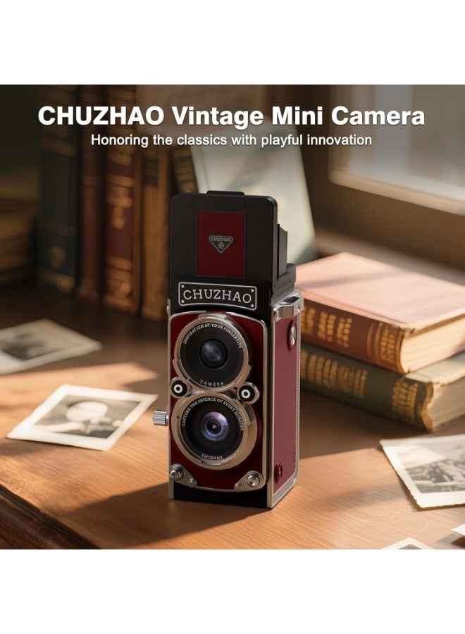 CHUZHAO Vintage Mini Digital Camera, Portable TLR Style Retro Point and Shoot Compact Small Pocket 1080P FHD Video 12MP Autofocus Vlogging Camera with 16 GB Card for Beginners Teens Adults Red - Image 2