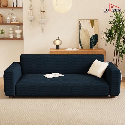 Lukzer 4 Seater Pastel Marine Blue Dotted Stripe Pattern Sofa Cover | 240 GSM Universal Stretch Fit Jacquard Fabric Couch Protector | Fully Covered Anti Slip & Washable Sofa Cover 230-300cm/SC-134-04 - Image 4