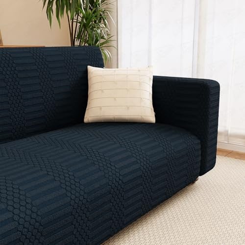 Lukzer 4 Seater Pastel Marine Blue Dotted Stripe Pattern Sofa Cover | 240 GSM Universal Stretch Fit Jacquard Fabric Couch Protector | Fully Covered Anti Slip & Washable Sofa Cover 230-300cm/SC-134-04 - Image 5
