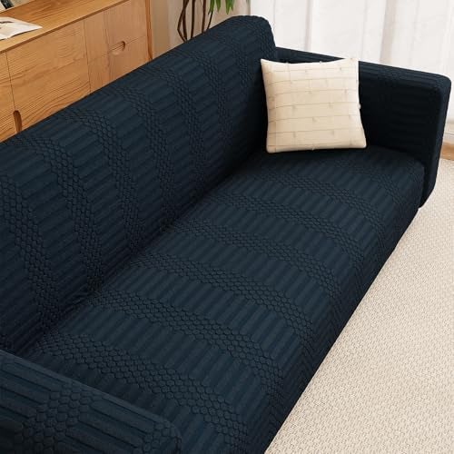 Lukzer 4 Seater Pastel Marine Blue Dotted Stripe Pattern Sofa Cover | 240 GSM Universal Stretch Fit Jacquard Fabric Couch Protector | Fully Covered Anti Slip & Washable Sofa Cover 230-300cm/SC-134-04 - Image 1