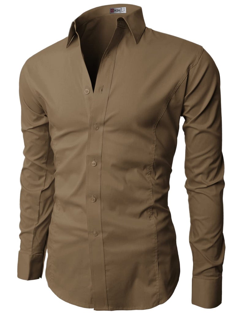 H2H Men's Cottonblend Dress Shirts Long Sleeve Button Down Party Prom Wedding Brown US M/Asia L (JASK14) - Image 3