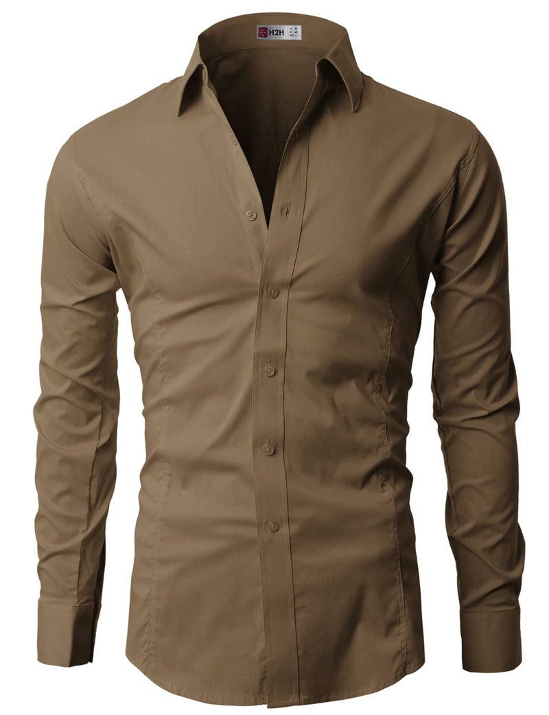 H2H Men's Cottonblend Dress Shirts Long Sleeve Button Down Party Prom Wedding Brown US M/Asia L (JASK14) - Image 4