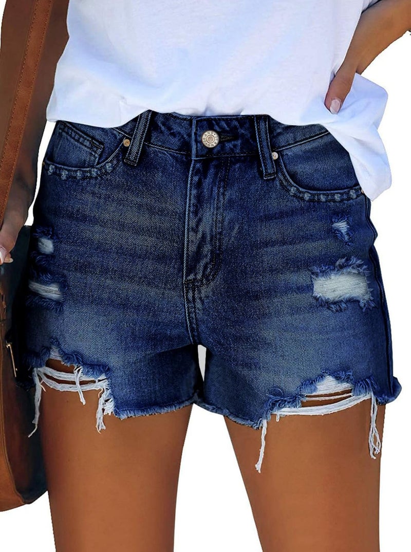 Pink Queen Summer Trendy Ripped Jean Shorts for Women High Rise Tummy Control Straight Legs Hot Shorts Destroyed Frayed Raw Hem Denim Shorts with Pockets Blue L - Image 2