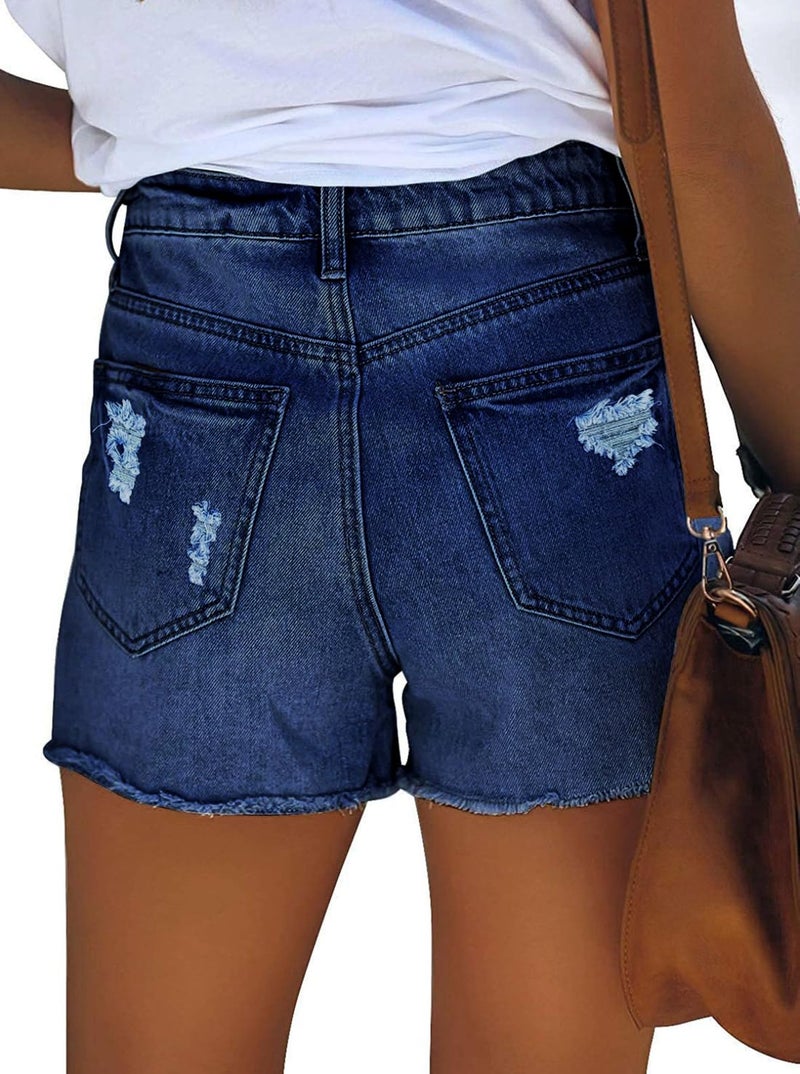 Pink Queen Summer Trendy Ripped Jean Shorts for Women High Rise Tummy Control Straight Legs Hot Shorts Destroyed Frayed Raw Hem Denim Shorts with Pockets Blue L - Image 3