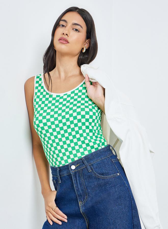 Styli Green Checked Pattern Tank Top - Image 3