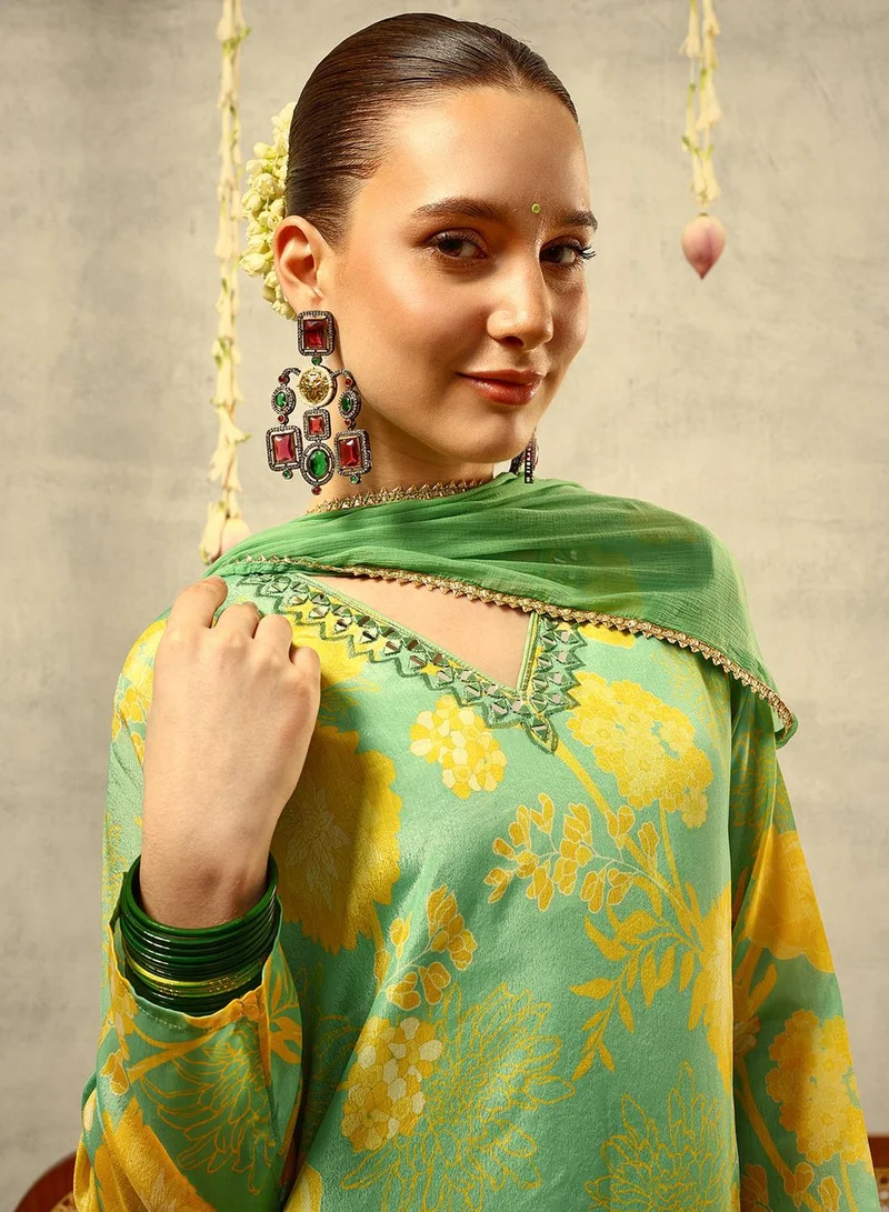 ISHIN Green Digital Floral Printed & Mirror Embroidered Straight Kurta with Trouser & Dupatta
