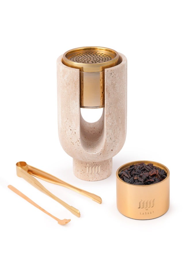 Layers Ofra Beige Travertine Medium Marble Holder with Choice of Black or Golden Incense Burner - Image 2