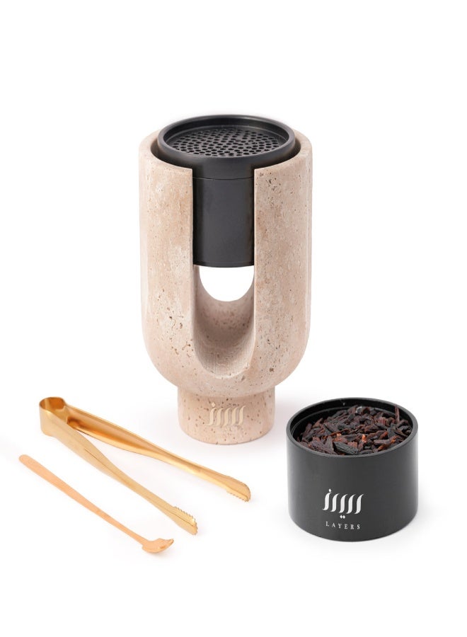 Layers Ofra Beige Travertine Medium Marble Holder with Choice of Black or Golden Incense Burner - Image 3