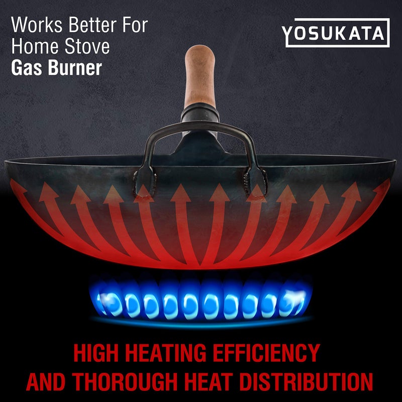 YOSUKATA Blue Round Bottom Wok Pan – 14" Woks and Stir Fry Pans - Chinese Hammered Pow Carbon Steel - Traditional Chinese Japanese Woks (14", Blue) - Image 4