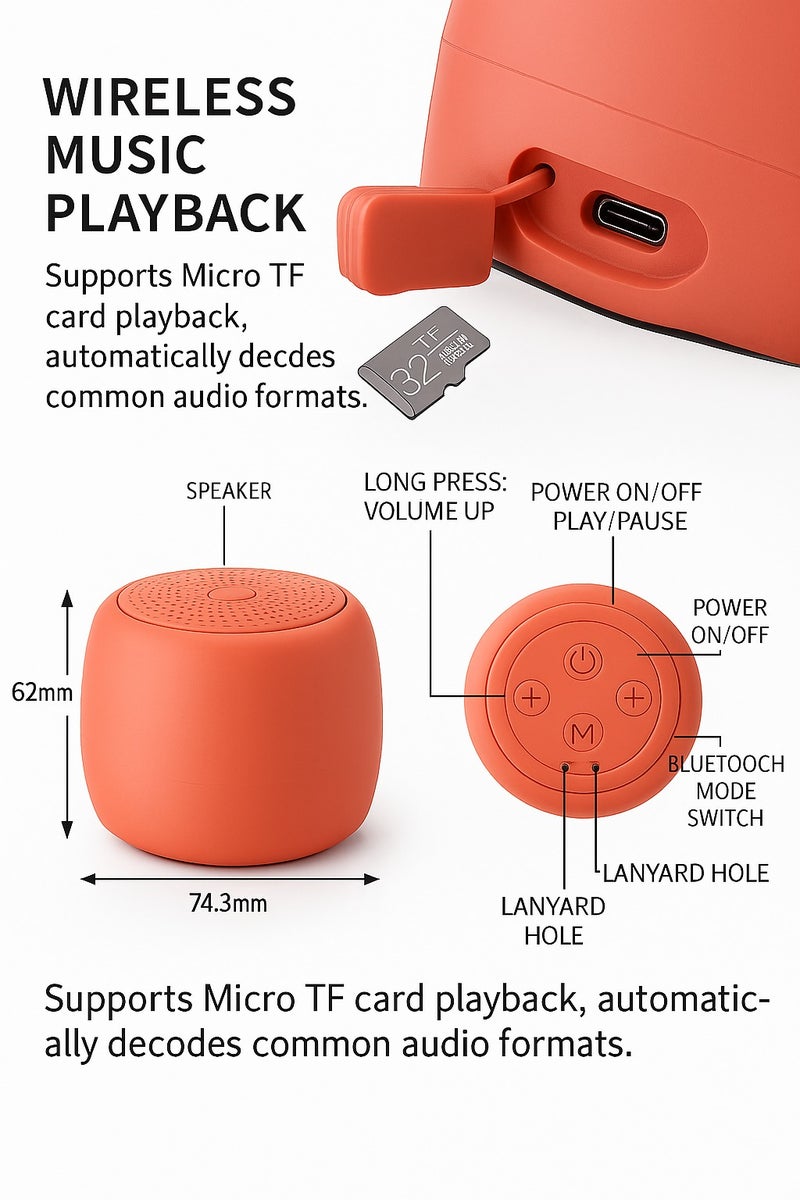 ALTRONE ATRONE Mini Portable Bluetooth Speaker with 18H Playtime, IPX6 Waterproof & 5W HD Sound - Bright Orange - Image 4