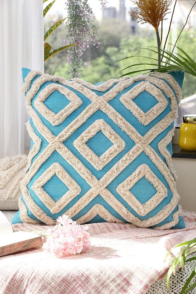 LUXURY 18X18 INCH PACK OF 1 COTTON DIAMOND BOHO SAG TUFTED BOHEMIAN SKY BLUE SOLID BASE FOR DECORATIVE SOFA COUCH LIVING ROOM INDOOR OUTDOOR CHAIR CAR FARMHOUSE