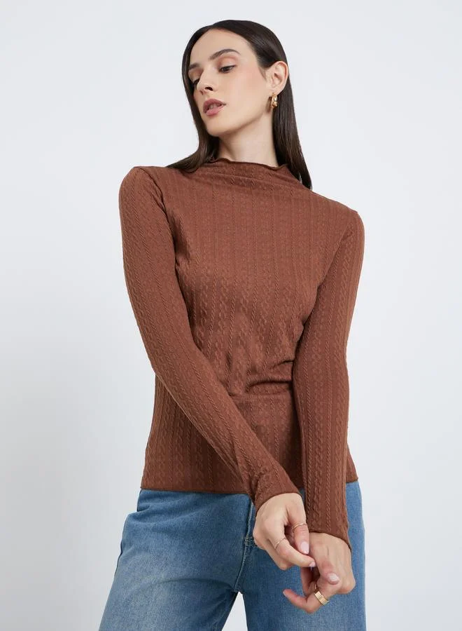 Styli Styli Brown Mock Neck Textured Knit Fitted Top