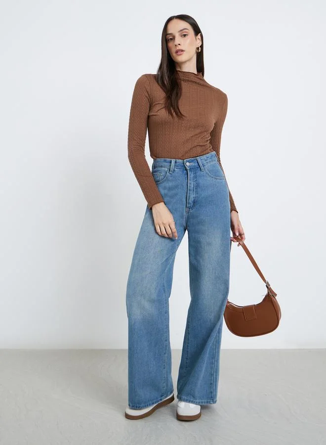Styli Styli Brown Mock Neck Textured Knit Fitted Top