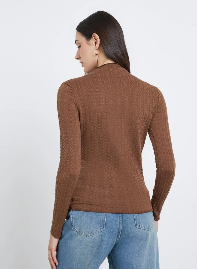 Styli Styli Brown Mock Neck Textured Knit Fitted Top