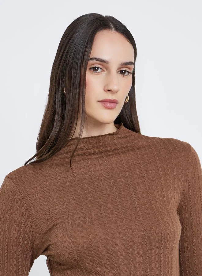 Styli Styli Brown Mock Neck Textured Knit Fitted Top