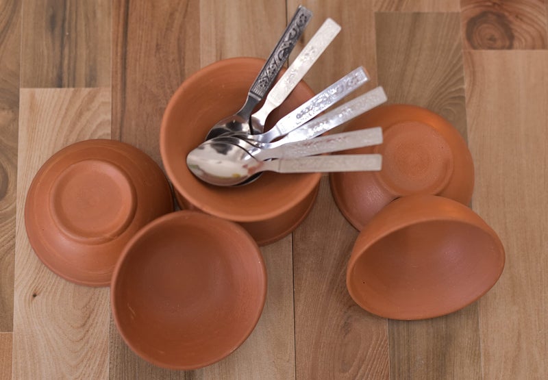 SHRIYAM CRAFT Shriyam Clay Sweet Bowels / Katori/Serving Bowl/Earthenware Bowl for Serving Curd, Vegetables Set of 6 with Spoon (6) Pack of 6 - Image 4