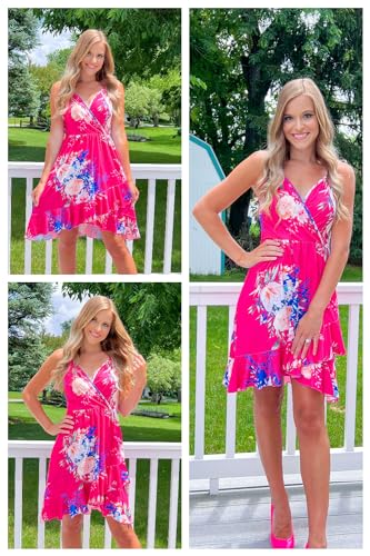 ULTRANICE Summer Dress Women Spring Casual Sundress Floral Trendy Flowy Wrap Beach Vacation Outfits Clothes Midi V-Neck Spaghetti Strap Ruffle Hem Dresses(Rose Red Pink Blue Floral,L) - Image 2