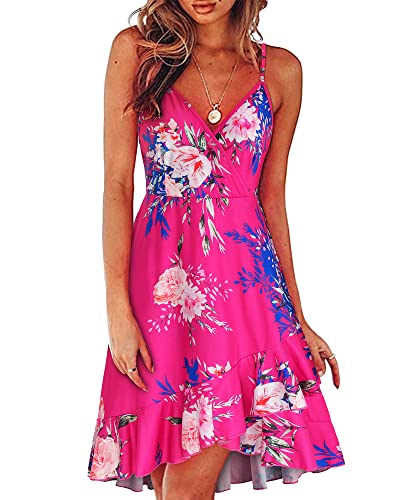 ULTRANICE Summer Dress Women Spring Casual Sundress Floral Trendy Flowy Wrap Beach Vacation Outfits Clothes Midi V-Neck Spaghetti Strap Ruffle Hem Dresses(Rose Red Pink Blue Floral,L) - Image 1