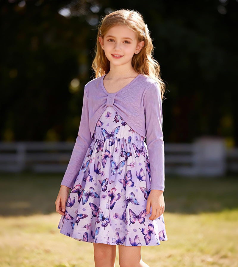 Kimoda Girls Cute 2 Piece Outfit 9-10 Years Purple Butterfly Dress with Long Sleeve Cardigan Set Kids Casual Fall Dress Birthday Gift - Image 3