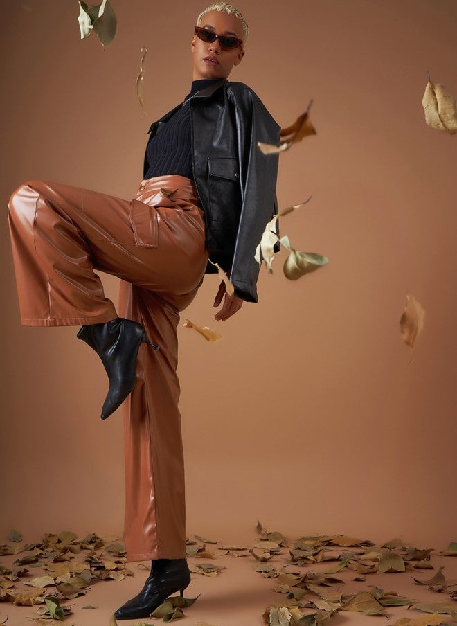 SASSAFRAS Brown Straight Fit Cargos Trousers for Women - Image 4