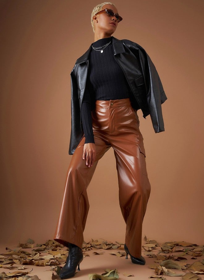 SASSAFRAS Brown Straight Fit Cargos Trousers for Women - Image 3