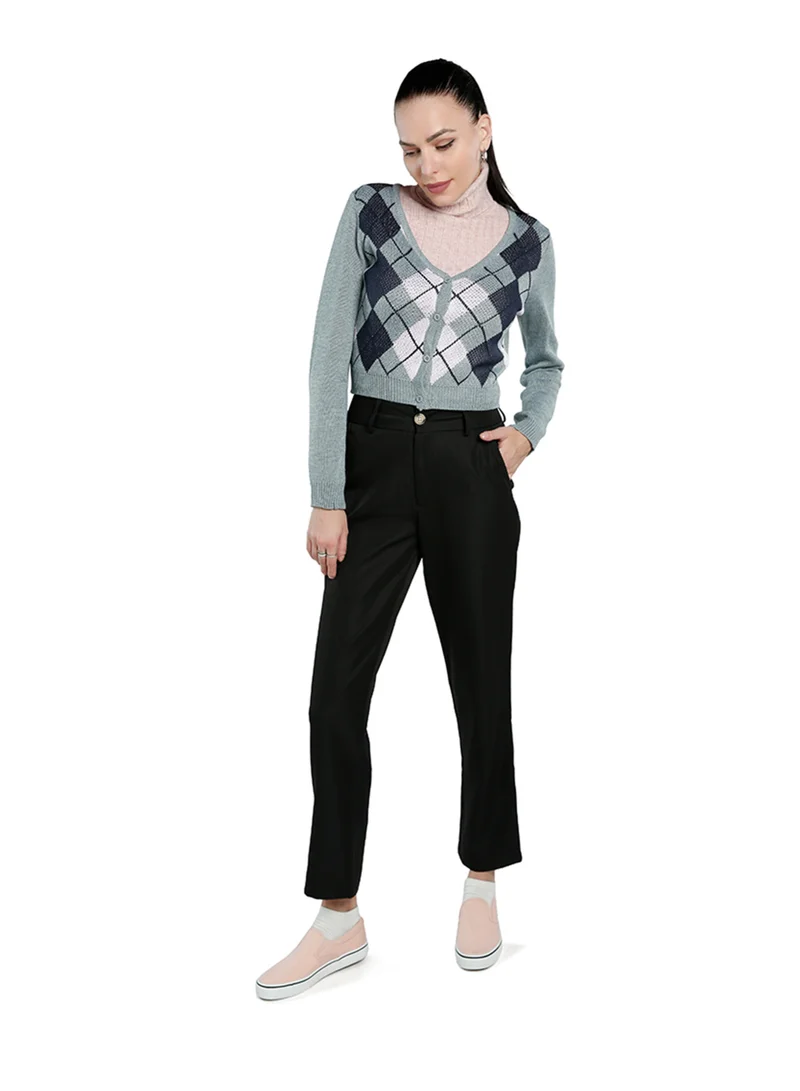 London Rag Grey Full Sleeve Argyle Checks Cardigan