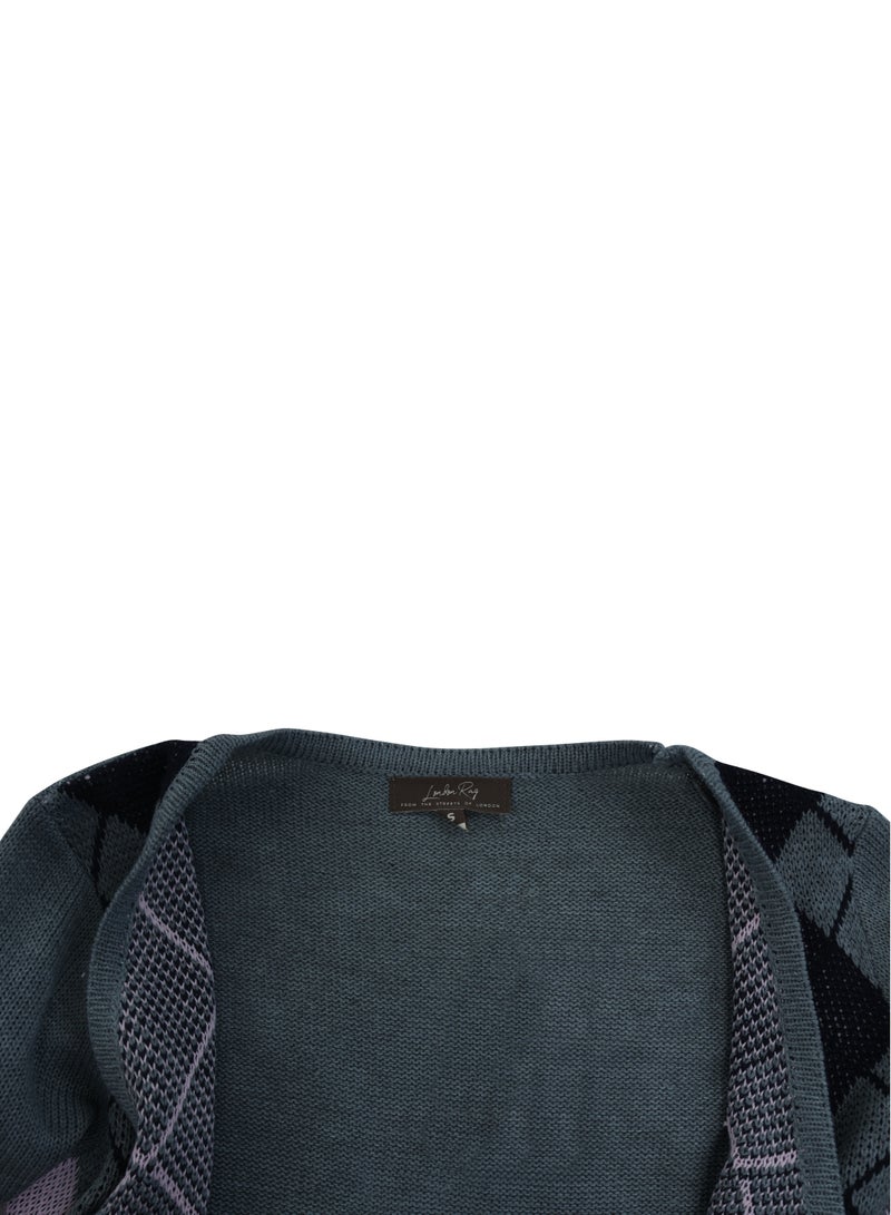 London Rag Grey Full Sleeve Argyle Checks Cardigan - Image 4
