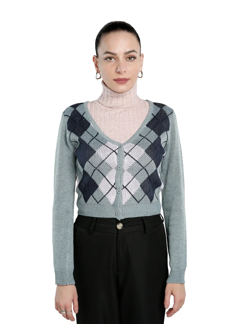 London Rag Grey Full Sleeve Argyle Checks Cardigan