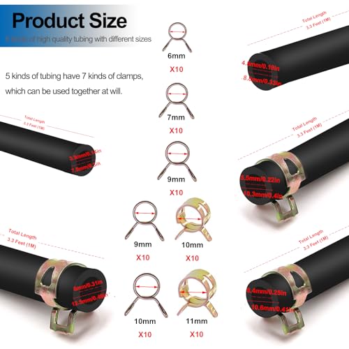 Tnisesm 3-Feet Fuel Hose Line - 1/8" 3/16" 0.22" 1/4" 5/16" ID Fuel Line Gas Tube Hose with 40Pcs Clamps for Small Engines Kawasaki EZGO Golf Cart Snowmobile Motorcycle ATV Tractor Lawn Mowers - Image 2