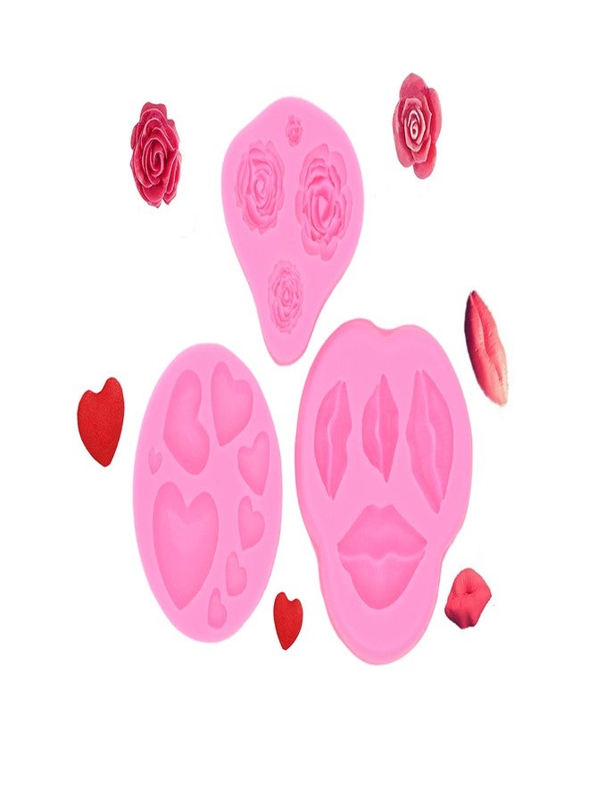 FEILIBAY 3 Pack Silicone Fondant Cake Molds, Rose Flower, Lips, Heart Shape Candy Molds Set for Chocolate Making, Cake, Wedding Decoration, Polymer Clay Craft Project - Image 1