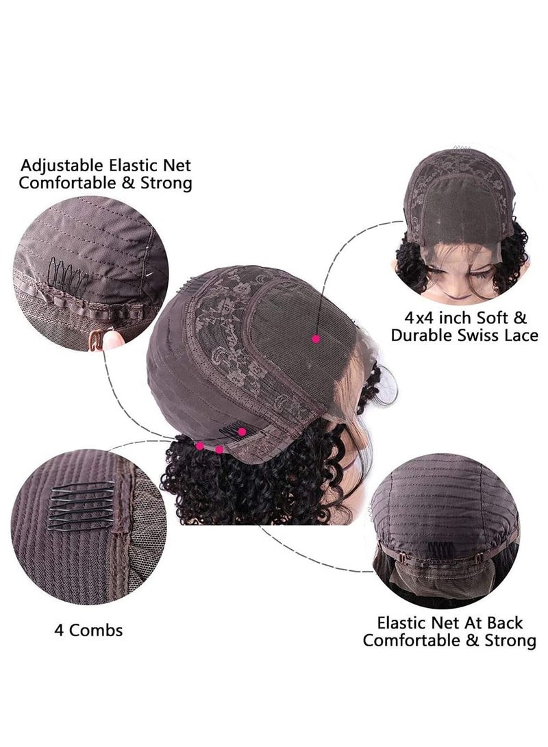 KASTWAVE باروكات قصيرة بدانتيل إغلاق 4×4، باروكات برازيلي مموج مموج بدانتيل أمامي، شعر مستعار مجعد من الألياف الكيميائية للنساء ذوات البشرة السمراء، كثافة 150%، خط شعر مسبق النتف 35.56 سم، إغلاق دانتيل 4×4 - Image 2
