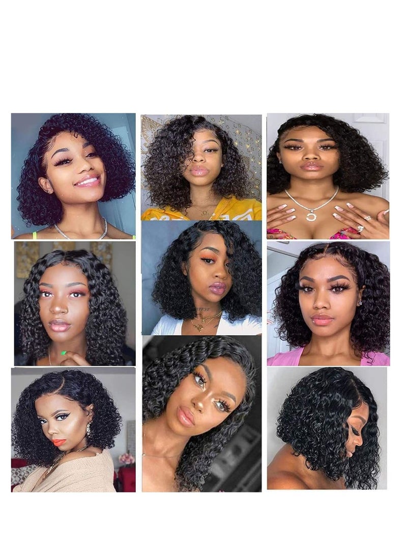 KASTWAVE باروكات قصيرة بدانتيل إغلاق 4×4، باروكات برازيلي مموج مموج بدانتيل أمامي، شعر مستعار مجعد من الألياف الكيميائية للنساء ذوات البشرة السمراء، كثافة 150%، خط شعر مسبق النتف 35.56 سم، إغلاق دانتيل 4×4 - Image 5