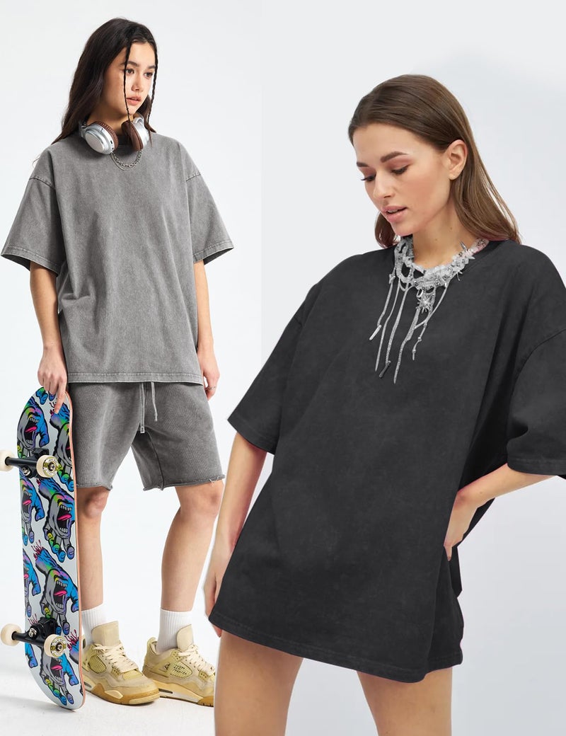 Arssm Women Oversized T Shirts Acid Washed Cotton Tees Vintage Baggy Loose Fit Streetwear Workout Tops(Black+Grey+Khaki-L) - Image 4
