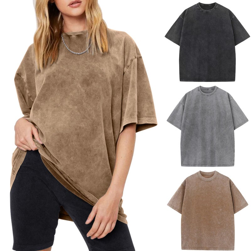 Arssm Women Oversized T Shirts Acid Washed Cotton Tees Vintage Baggy Loose Fit Streetwear Workout Tops(Black+Grey+Khaki-L) - Image 1
