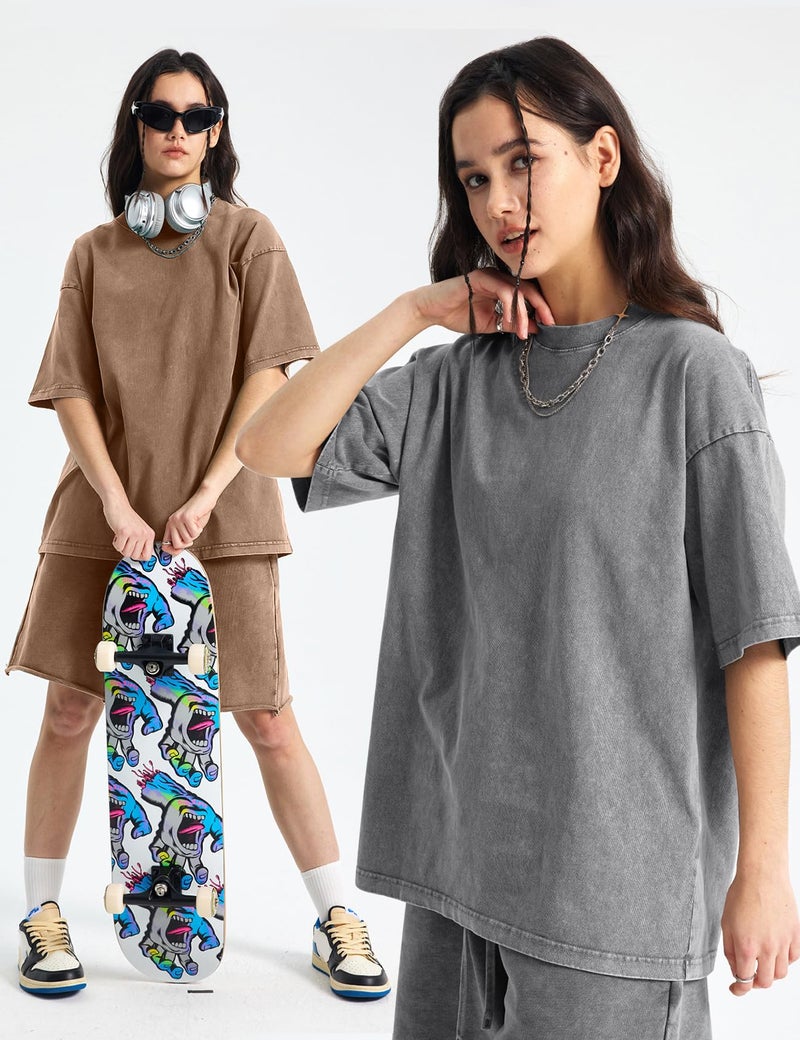 Arssm Women Oversized T Shirts Acid Washed Cotton Tees Vintage Baggy Loose Fit Streetwear Workout Tops(Black+Grey+Khaki-L) - Image 5