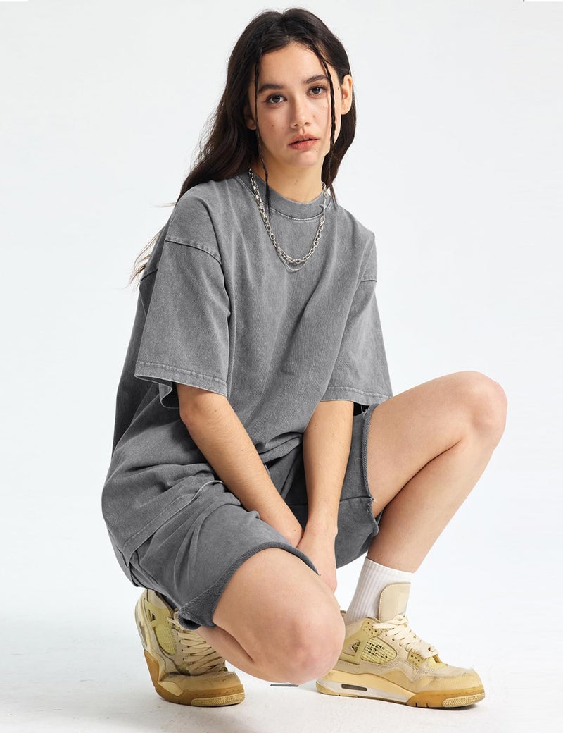 Arssm Women Oversized T Shirts Acid Washed Cotton Tees Vintage Baggy Loose Fit Streetwear Workout Tops(Black+Grey+Khaki-L) - Image 2
