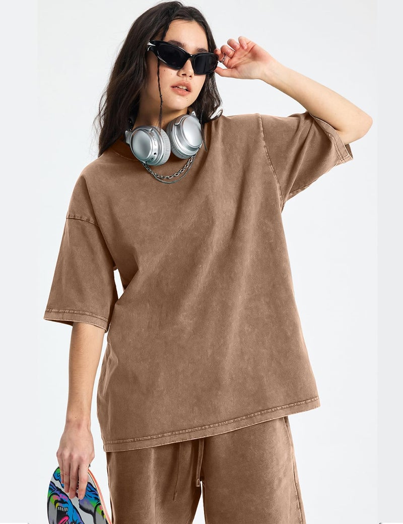 Arssm Women Oversized T Shirts Acid Washed Cotton Tees Vintage Baggy Loose Fit Streetwear Workout Tops(Black+Grey+Khaki-L) - Image 3
