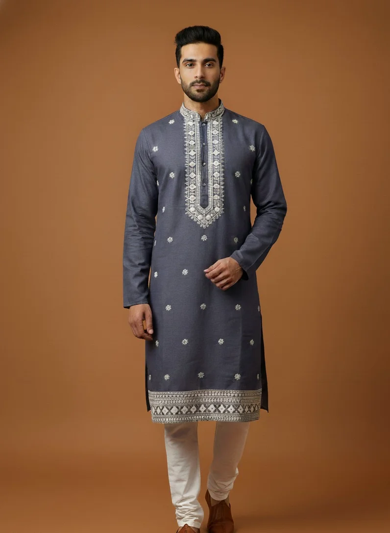 Lehar Blue Embroidered Kurta with Thread Detailing