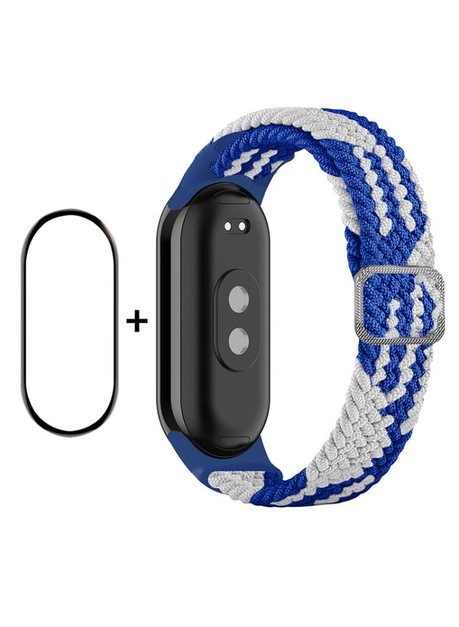 Replacement Strap For Xiaomi Mi Band 8 ENKAY Hat-Prince 2 in 1 Set Full Coverage Screen Protector + Elastic Braided Nylon Watch Band Blue White