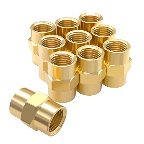 Hooshing 10PCS Brass Coupling 1/4" x 1/4" NPT Female Coupler Hex Head Pipe Fitting - Image 1