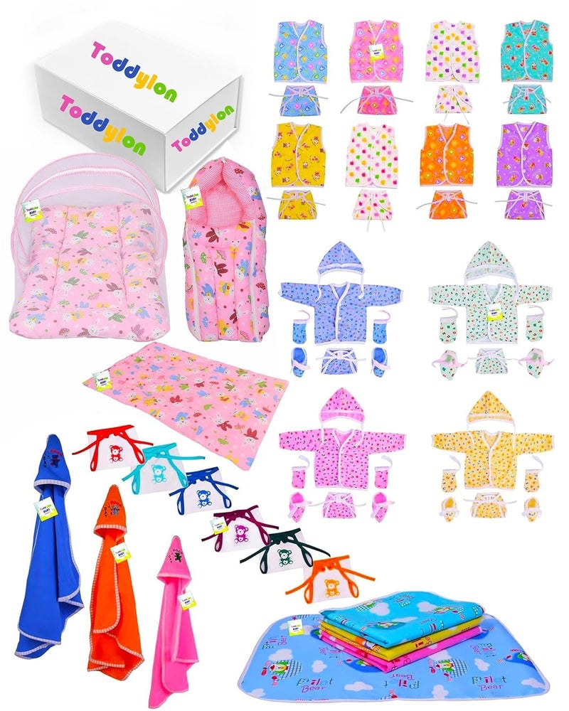 Toddylon 56 in 1 New Born Baby Products All Baby Bedding Set | Baby Clothes | Gift Packs | Hospital Kit | Essentials Items | Infants Combo (0-6 Months) - Image 1