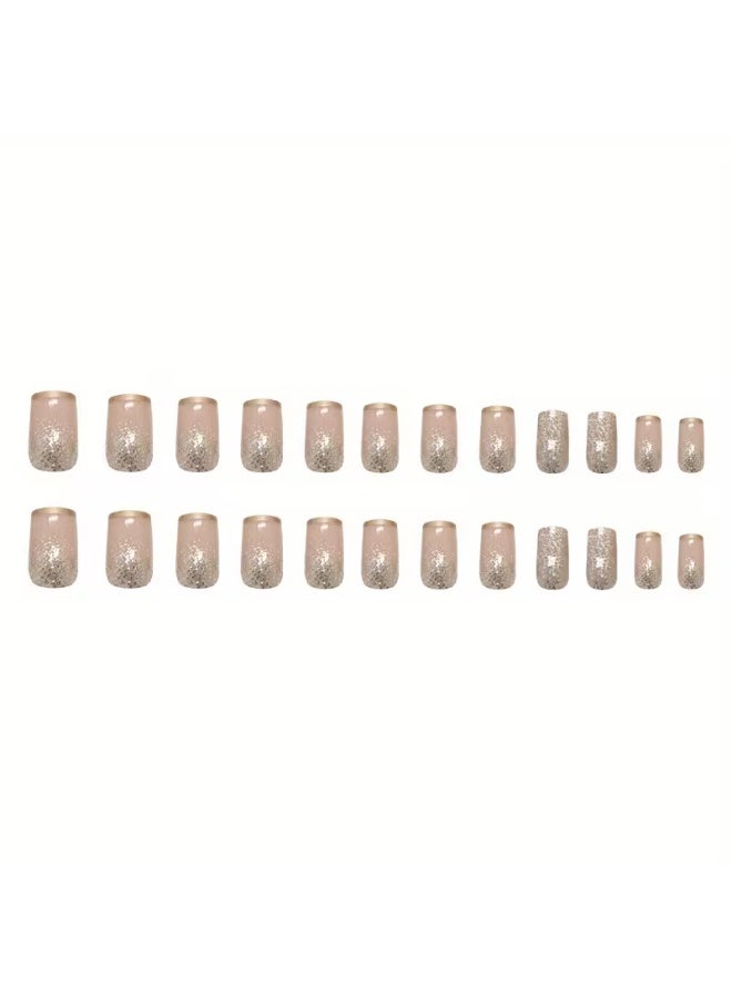 LANGMANNI Upgrade Your Look 24pcs of Short Square Nail Art Wearable Nails French Style Simple Design Shiny False Nails Extended Removable Nails with Jelly Glue 1 Nail File 1 - Image 2