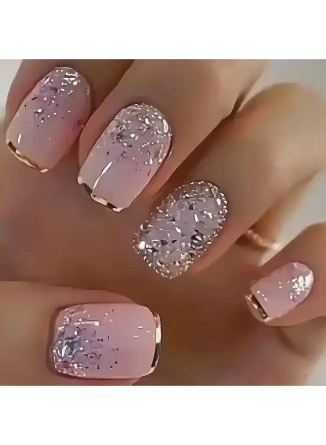 LANGMANNI Upgrade Your Look 24pcs of Short Square Nail Art Wearable Nails French Style Simple Design Shiny False Nails Extended Removable Nails with Jelly Glue 1 Nail File 1 - Image 1