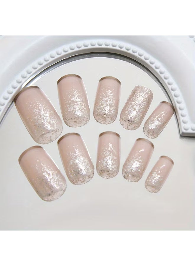 LANGMANNI Upgrade Your Look 24pcs of Short Square Nail Art Wearable Nails French Style Simple Design Shiny False Nails Extended Removable Nails with Jelly Glue 1 Nail File 1 - Image 4