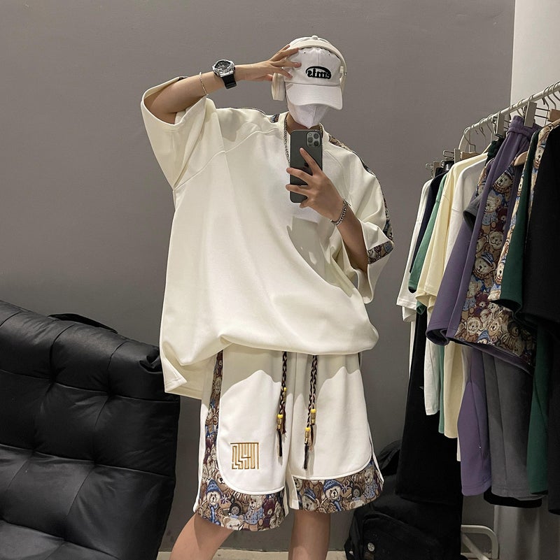 2024 Summer New Mens and Womens Couple T-Shirt suit New Chinese Style National Style Embroidered Bear Stitching Two-Piece T-Shirt Beige