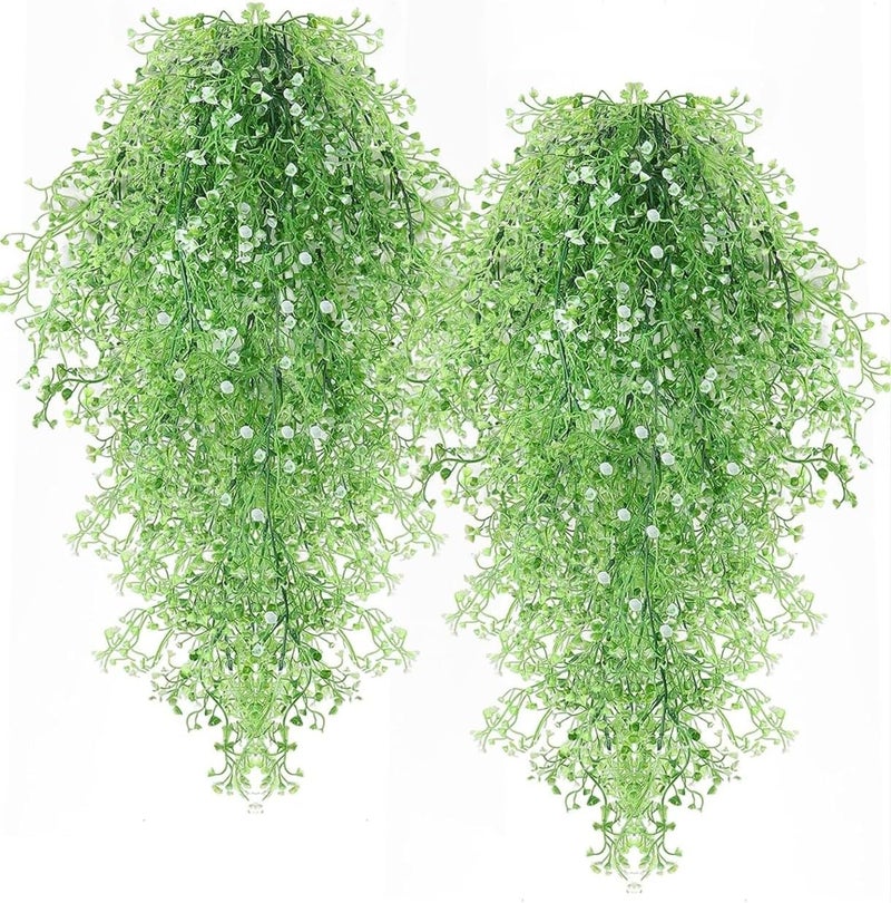 VRB Dec 2 Pcs Artificial Dry Baby's Breath Greenery Hanging Plants Vines Fake Ivy Hanging Flowers Vine Wall Hanging for Home Decor,Wall,Balcony Decoration. (2, White Baby's Breath Fern Hanging) - Image 1