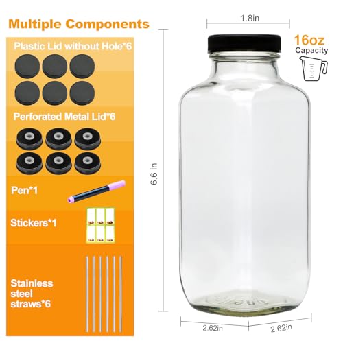 Maredash 16oz glass bottles with lids,juice bottles gifts for women,glass bottles with lids,glass water bottles. Kit includes Stainless Steels Straws,Two Types of Lids,Stickers,Pen,Cleaning Brush 6pcs - Image 2