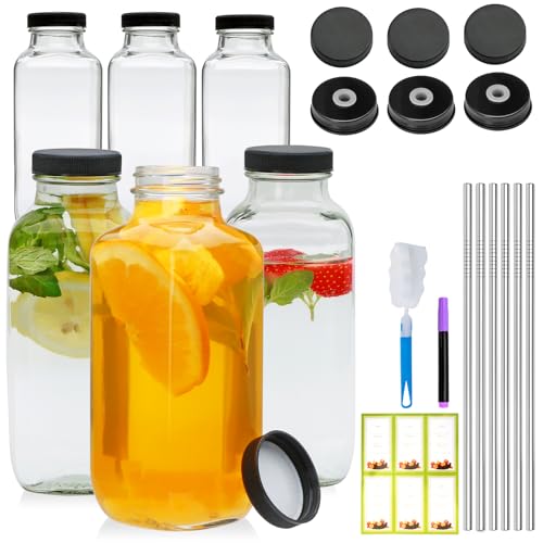 Maredash 16oz glass bottles with lids,juice bottles gifts for women,glass bottles with lids,glass water bottles. Kit includes Stainless Steels Straws,Two Types of Lids,Stickers,Pen,Cleaning Brush 6pcs - Image 1