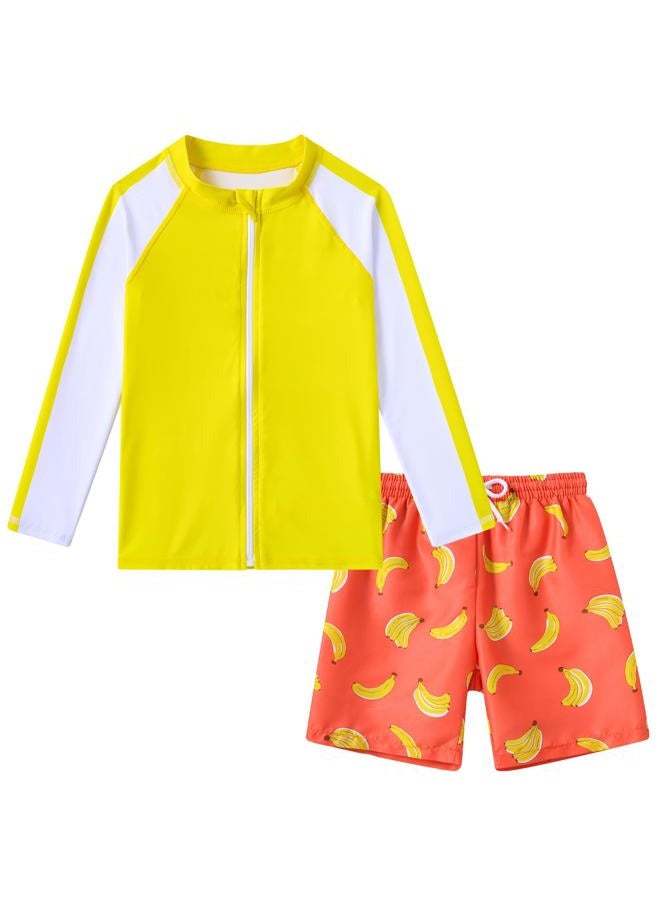 SunFocus Boys Two Piece Swim Set Zipper Rash Guard Swimsuits Long Sleeve Bathing Suit for 4-12 Years, Yellow Banana, 4-5 Years - Image 1